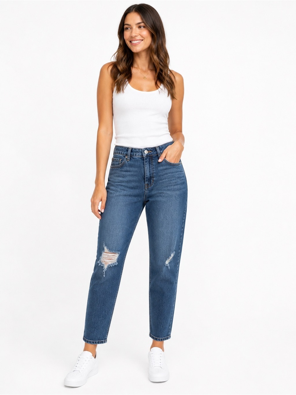 Style & Co Boyfriend Jeans Womens Size 16 Distressed Stretch Blue Denim